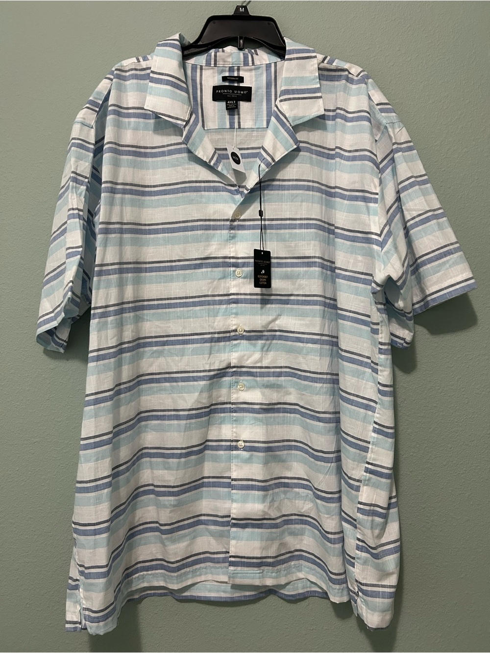 Pronto Uomo Light Blue and White Striped Short-Sleeve Button-Down Shirt